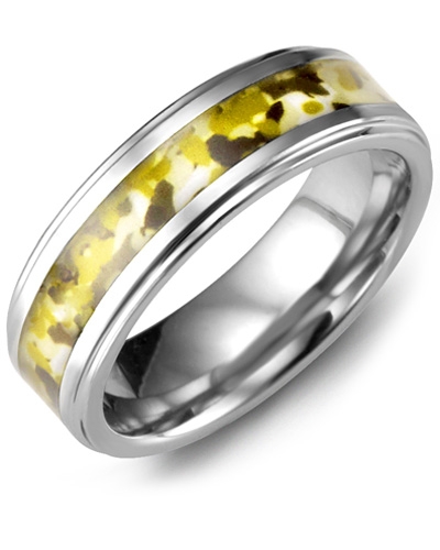 Grooved Ring with Diamonds in Tungsten & Green Camouflage