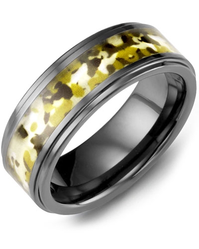 Grooved Ring with Diamonds in Black Ceramic & Green Camouflage