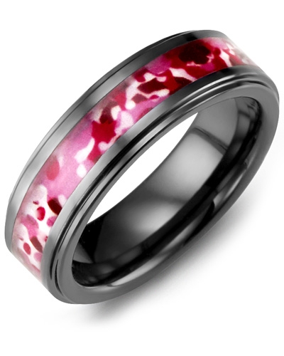 Grooved Ring with Diamonds in Black Ceramic & Pink Camouflage