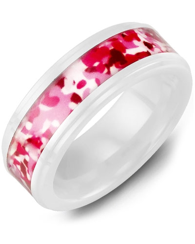 Grooved Ring with Diamonds in White Ceramic & Pink Camouflage
