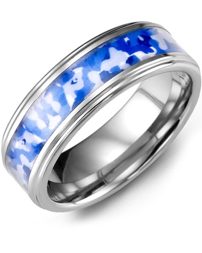 Grooved Ring with Diamonds in Tungsten & Blue Camouflage