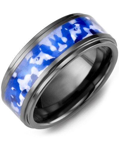Grooved Ring with Diamonds in Black Ceramic & Blue Camouflage