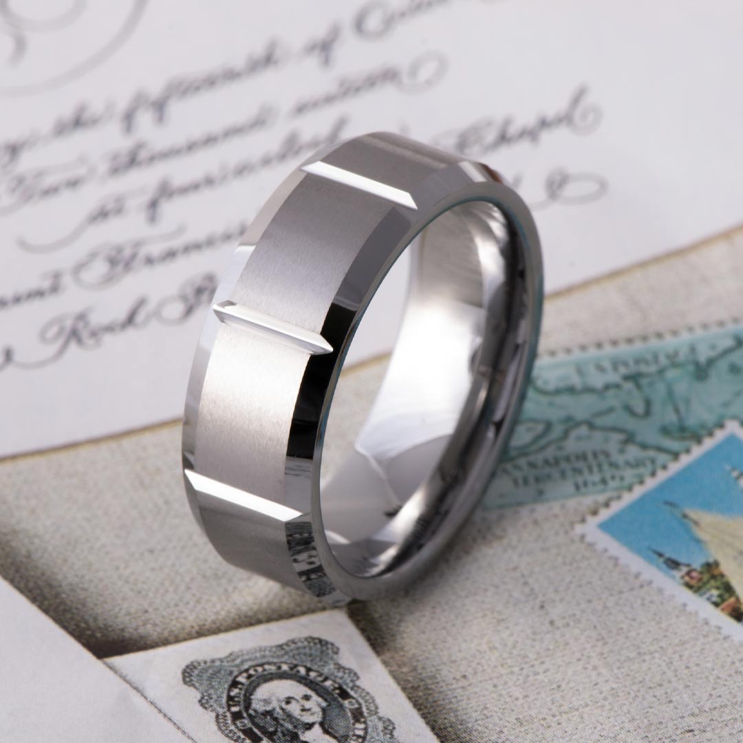Men's Brushed Flat Polished Edges Grooved Wedding Band