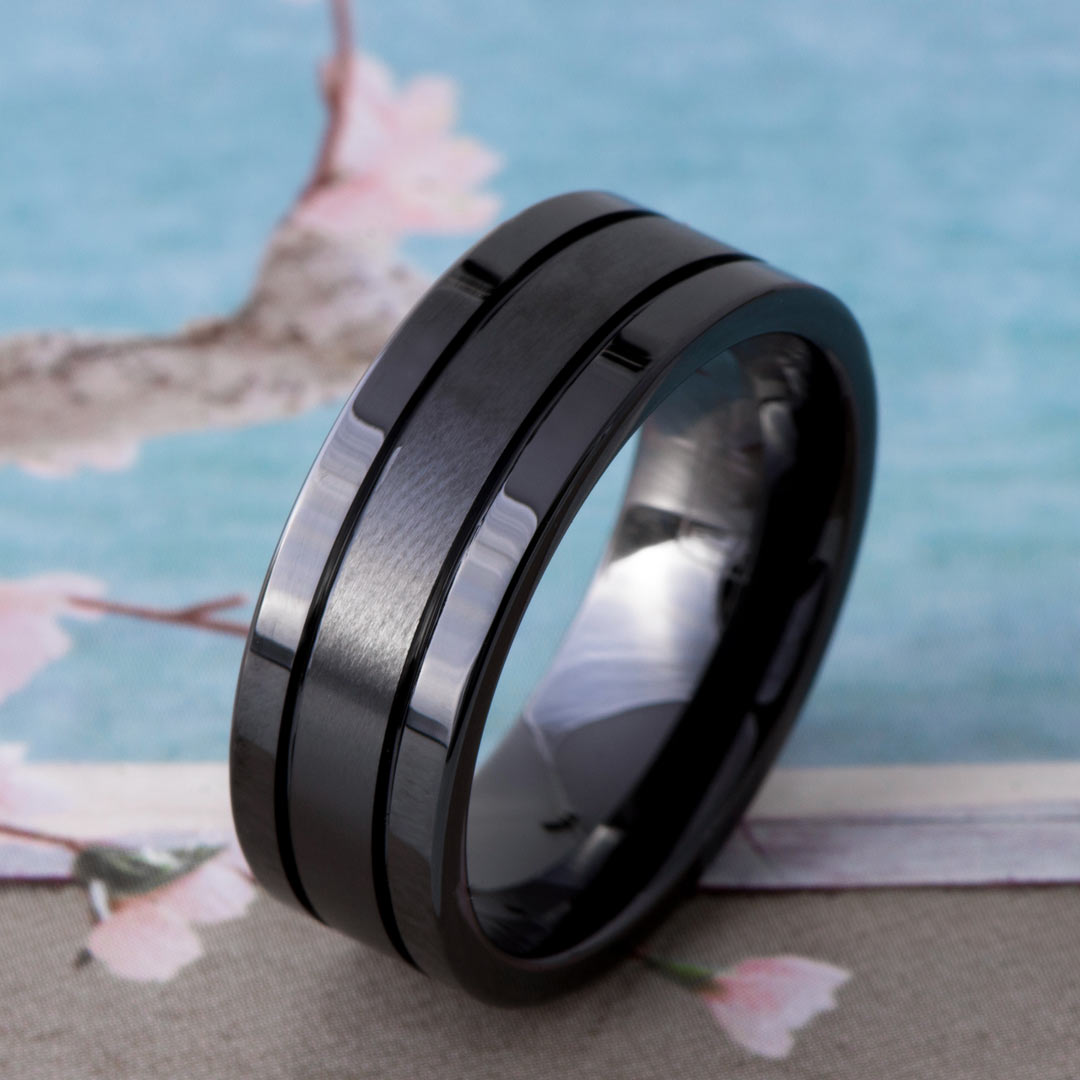Men's TripleBand Effect Ceramic Wedding Ring in Black