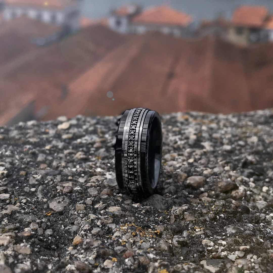 Mens silver wedding bands deals with black diamonds