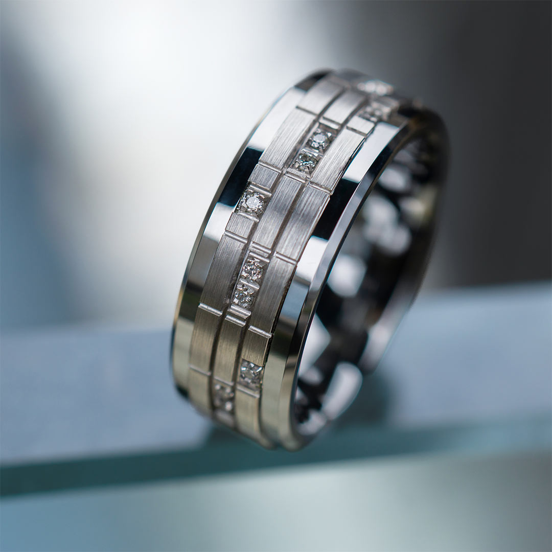 Men's Puzzle Pattern Diamond Wedding Ring in Black Ceramic White
