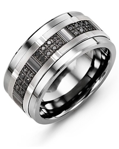 Men'S Black Diamonds Wide Wedding Band In Tungsten White/Black Gold 10K  11Mm 24 Black Diamonds 0.24Ct Size 10 | Madani Rings